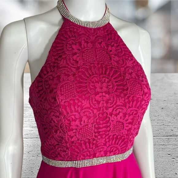 Madison James Hot Pink Fuchsia High Neck Modest Prom Bridesmaid dress - Picture 2 of 6